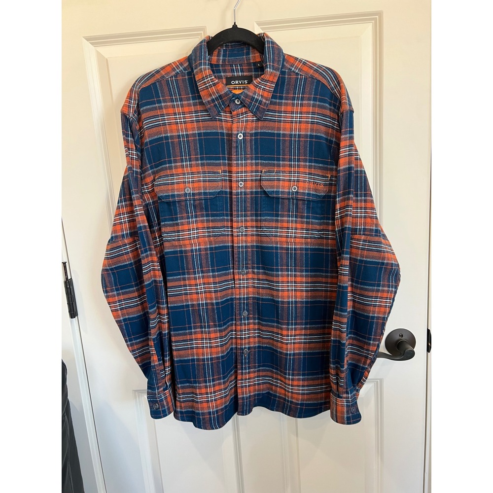 Orvis Active Fit Orange Blue Long Sleeve Button Down Flannel Shirt Size Large